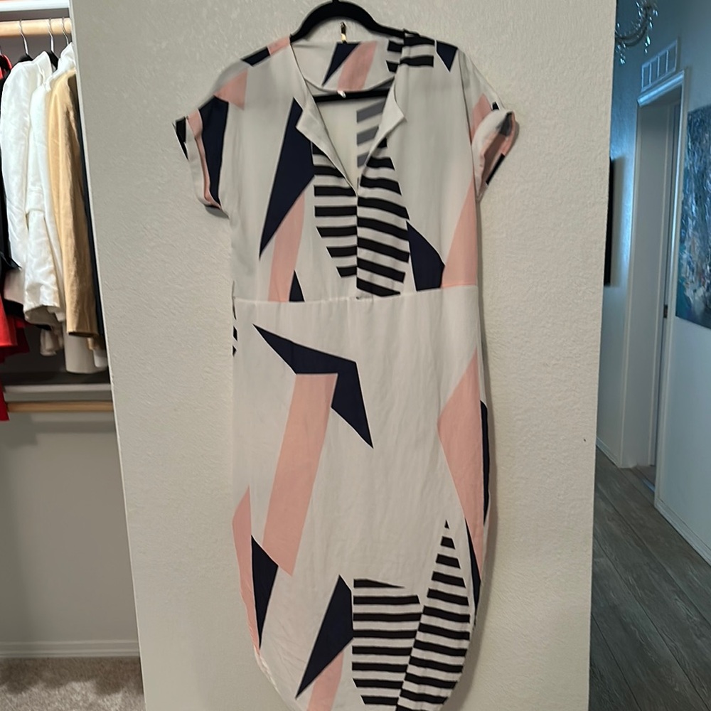 White pink Black Midi Sheath Dress with Notched Collar